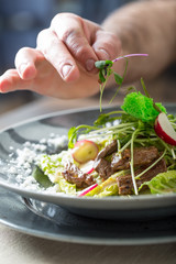 Wall Mural - Chef in hotel or restaurant kitchen cooking, only hands. He is working on the micro herb decoration. Preparing vegetable salad with pieces of grilled chicken  meat - virgin sirloin.