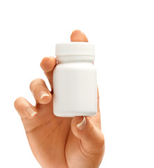 Wall Mural - Woman's hand shows bottle for pills isolated on white background. Palm up, close up. High resolution product.