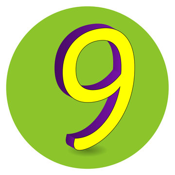 3d purple and yellow vector illustration of number 9 on green circle background.