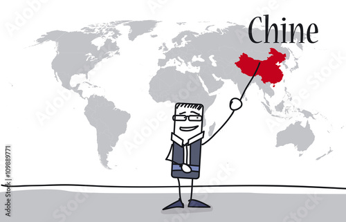 Personnage Qui Montre La Chine Sur Une Carte Du Monde Stock Vector Adobe Stock