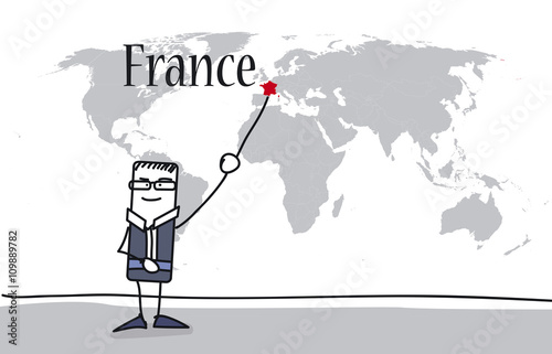 Personnage Montrant La France Sur Une Carte Du Monde Stock Vector Adobe Stock