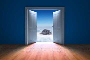 Poster - Composite image of door opening in dark room to show sky
