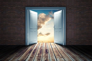 Poster - Composite image of door opening in dark room to show sky