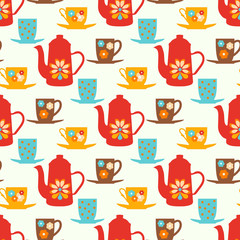 Fotofirana vintage seamless vector pattern with teapots, tea mugs and  coffee cups