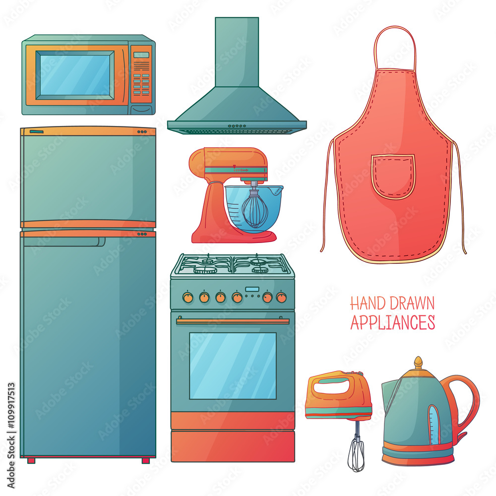 Set of kitchen tools. Kitchen household furniture in a cartoon style.  Silhouette of kitchen tools and accessories. Appliances for kitchen  interior. Vector Stock Vector | Adobe Stock, image size:1000x1000