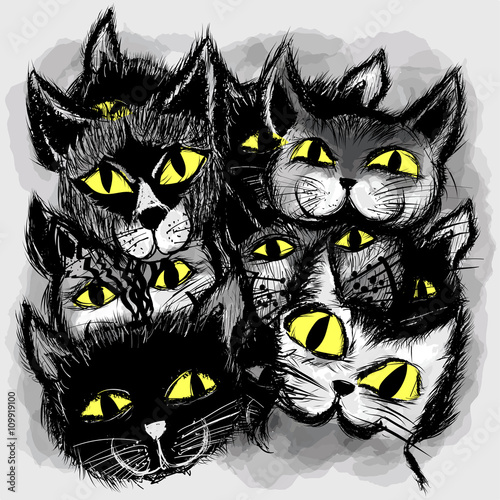 Naklejka na drzwi Czarne ilustracyjne koty