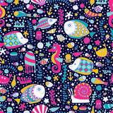 Fototapeta Młodzieżowe - Vector seamless pattern with fish, star, shell, crab, anchor and bubble. Hand drawn doodle sea elements. Bright color objects on black background.