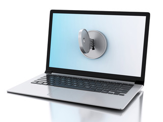 Poster - 3d Laptop locked by key. Security concept.