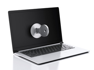 Poster - 3d Laptop locked by key. Security concept.