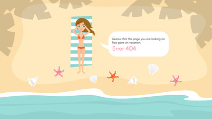 Vector 404 error page template for website. Cute beautiful young woman on the beach