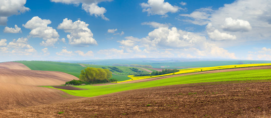 beautiful spring hills landscape with colorful fields