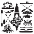 Set of canoe and kayak design elements. Two man in a boat, oars, mountains, campfire, forest, label. Vector