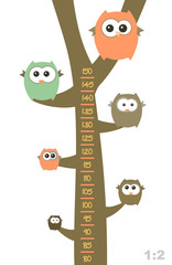 Fototapete - Baby height measure with funny owls on the tree (scale 1:2).