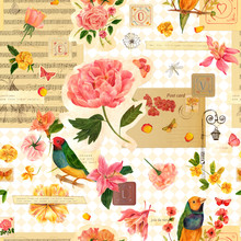 Seamless Vintage Collage With Many Different Illustrations And Stamps