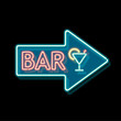 © sabelskaya - Retro neon sign with the word bar. Vintage electric arrow symbol. Burning a pointer to a black wall in a club, bar or cafe. Design element for your ad, signs, posters, banners. illustration