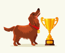 Dog Champion With Gold Cup. Vector Flat Cartoon Illustration