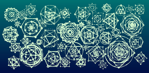 Wall Mural - sacred geometry mandalas background. sacred symbols. mandalas set. green and blue color.