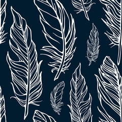  Seamless pattern with outline decorative feathers