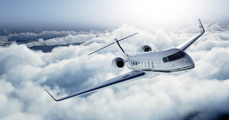 Realistic photo of White Luxury generic design private jet flying over the earth. Empty blue sky with white clouds at background. Business Travel Concept. Horizontal. 3d rendering