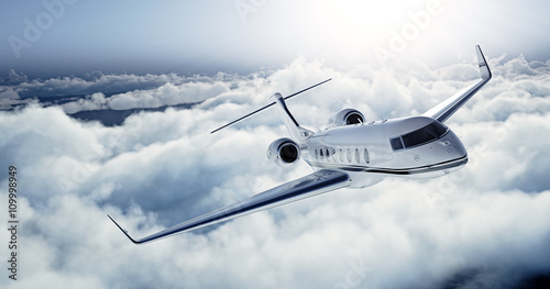 Fotografía Realistic photo of White Luxury generic design private jet flying over the earth