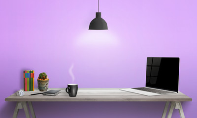 Wall Mural - Laptop on office desk. Books, plant, paper, pen, coffee, pad on table. Hanging lamp and pink wall in background.