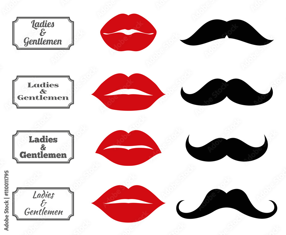 Ladies and gentlemen bathroom symbols. Vector lips and moustache icons. Lip and moustache fashion, vintage silhouette lip and moustach, hipster lip and moustach illustration - obrazy, fototapety, plakaty 