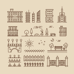  Linear cityscape, landscape elements and buildings vector icons set. Building city architecture, house building linear, urban building illustration