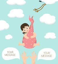 Stork Carrying A Cute Baby Girl. Newborn Baby. Vector Illustration With Your Text Place