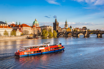 Wall Mural - Prague, Czech Republic. Charles Bridge, boat cruise on Vltava river