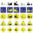 Warning sign of man skating the skateboard on the various ways include slope up and down, rough way and road with deep hole