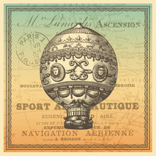 Travel Themed Card/background With Vintage Hot Air Balloon, Antique World Map And French Typography
