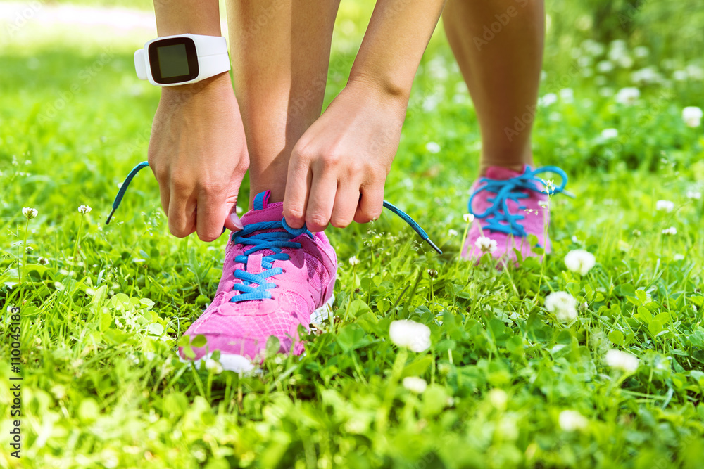 Active Lifestyle Smartwatch Runner Woman Tying Running Shoes Healthy Photo Inspiration