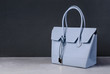 women leather handbag on gray background