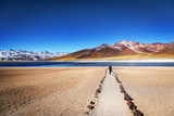 Fototapeta  - Tourist enjoying the beautiful landscape of Atacama Desert in Chile. Winter time.