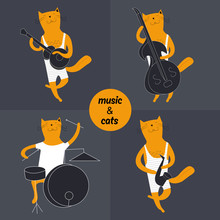 Jazz Band Cat Musician Set, Flat Design