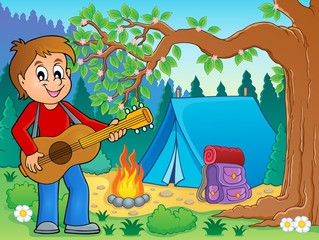 Canvas Print - Boy guitar player in campsite theme 2