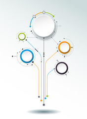 Vector abstract molecules, 3D paper label, integrated circles. Blank space for content, business, infographic template, diagram, network, web design. Light gray background. Connection technology