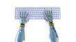 high-tech robot hands typing on a computer, or hack into the system, top view. 3d render.