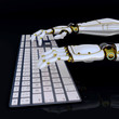 high-tech robot hands typing on a computer, or hack into the system, side view. 3d render.