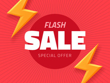 Vector Flash Sale Design With Thunder Vector Illustration, Pink Background Banner With Lightning For Business Design