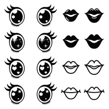 Kawaii Cute Eyes And Lips Icons Set, Kawaii Character