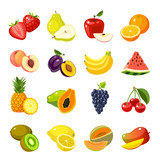 Set of colorful cartoon fruit icons: apple, pear, strawberry, orange, peach, plum, banana, watermelon, pineapple, papaya, grapes, cherry, kiwi, lemon, mango. Vector illustration, isolated on white.