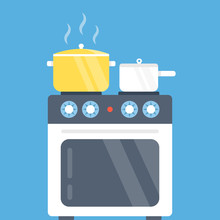 Electric Oven And Saucepans. Kitchen Appliances, Kitchen Interior, Utensils Concepts. Modern Flat Design Vector Illustration