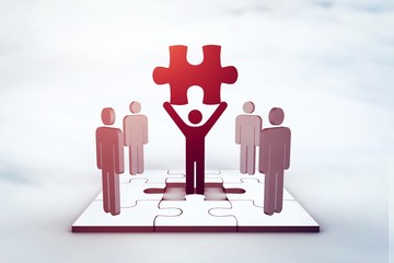 Poster - Composite image of red human standing in center of jigsaw puzzle