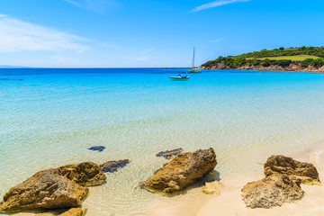 Wall Mural - A view of idyllic Grande Sperone beach with crystal clear azure sea water, Corsica island, France