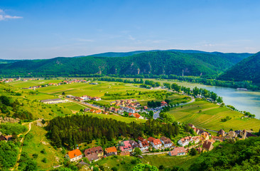 panorama aerial view of Durnstein village situated in wachau valley in Austria