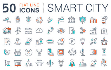 Wall Mural - set vector flat line icons smart city