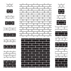 20 brick wall (brickwork) seamless patterns. Four types of bonds used in brick masonry work, two sizes of brick, contour and silhouette design. Brick wall sign, icons, backgrounds. Vector illustration