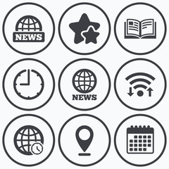 Poster - News icons. World globe symbols. Book sign.
