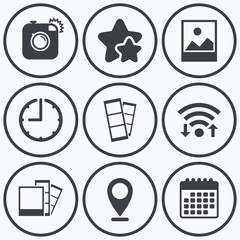 Poster - Photo camera icon. Flash light and landscape.